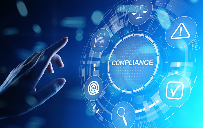 Compliance concept with icons and text. Regulations, law, standards, requirements, audit diagram on virtual screen.